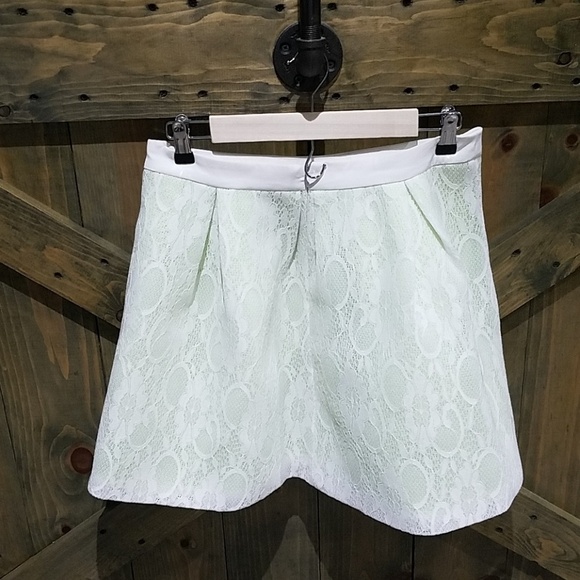 MUSTARD SEED LIGHT GREEN SKIRT W WHITE LACE OVERLAY PLEATED MINI FAIRY WHIMSICAL - Picture 4 of 8